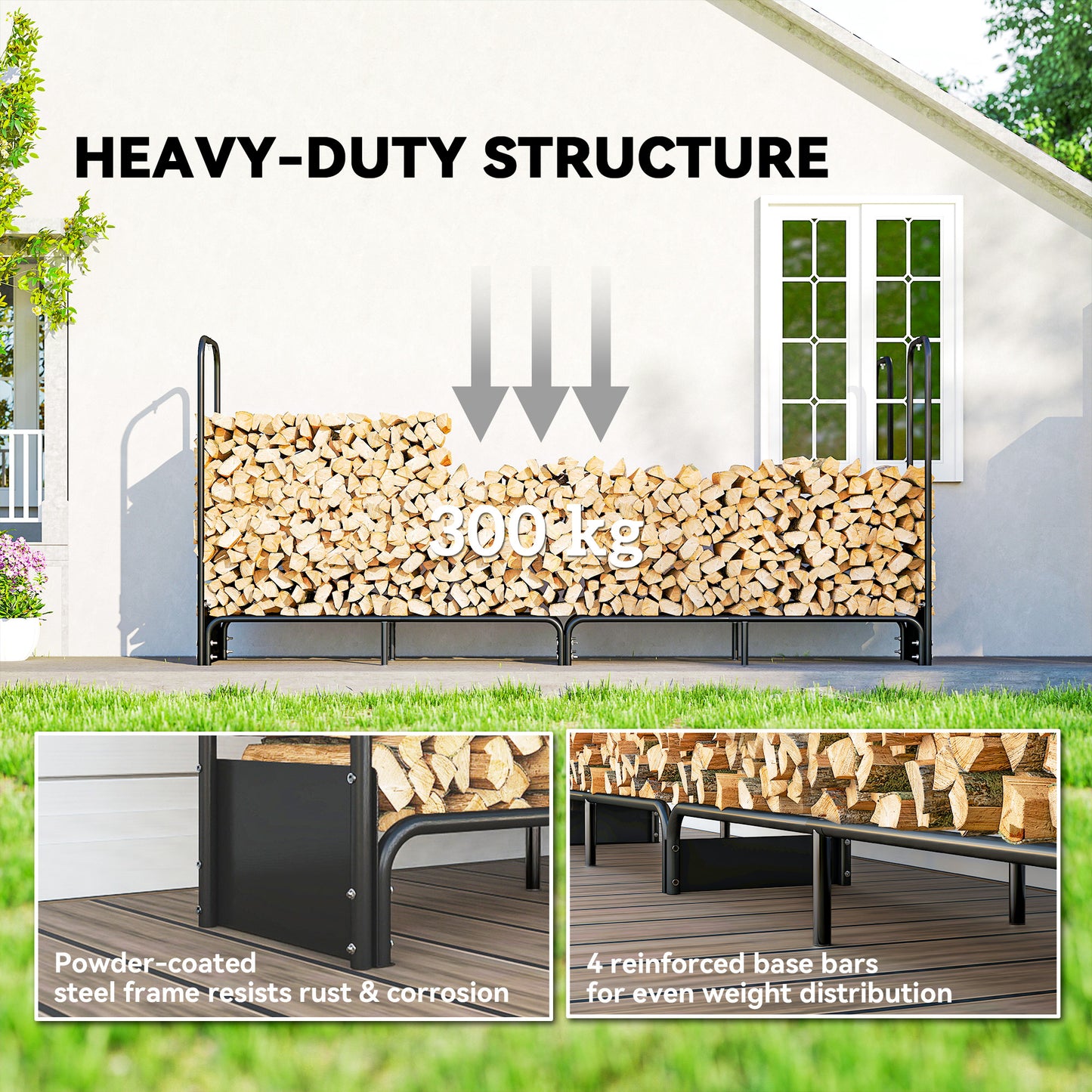 8.5ft Firewood Rack, Log Storage Holder with Waterproof Cover