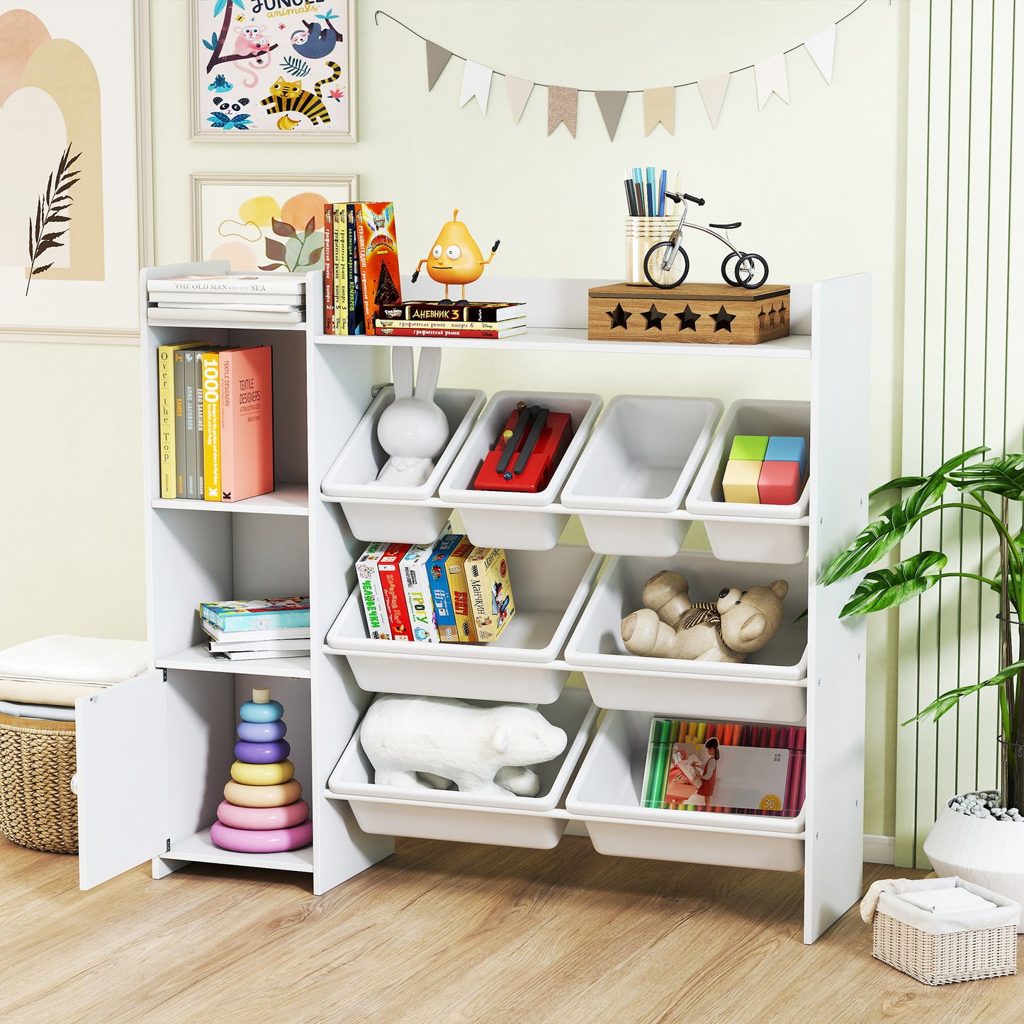Toy Storage Unit with 8 Removable Bins, Storage Shelves, Cabinet