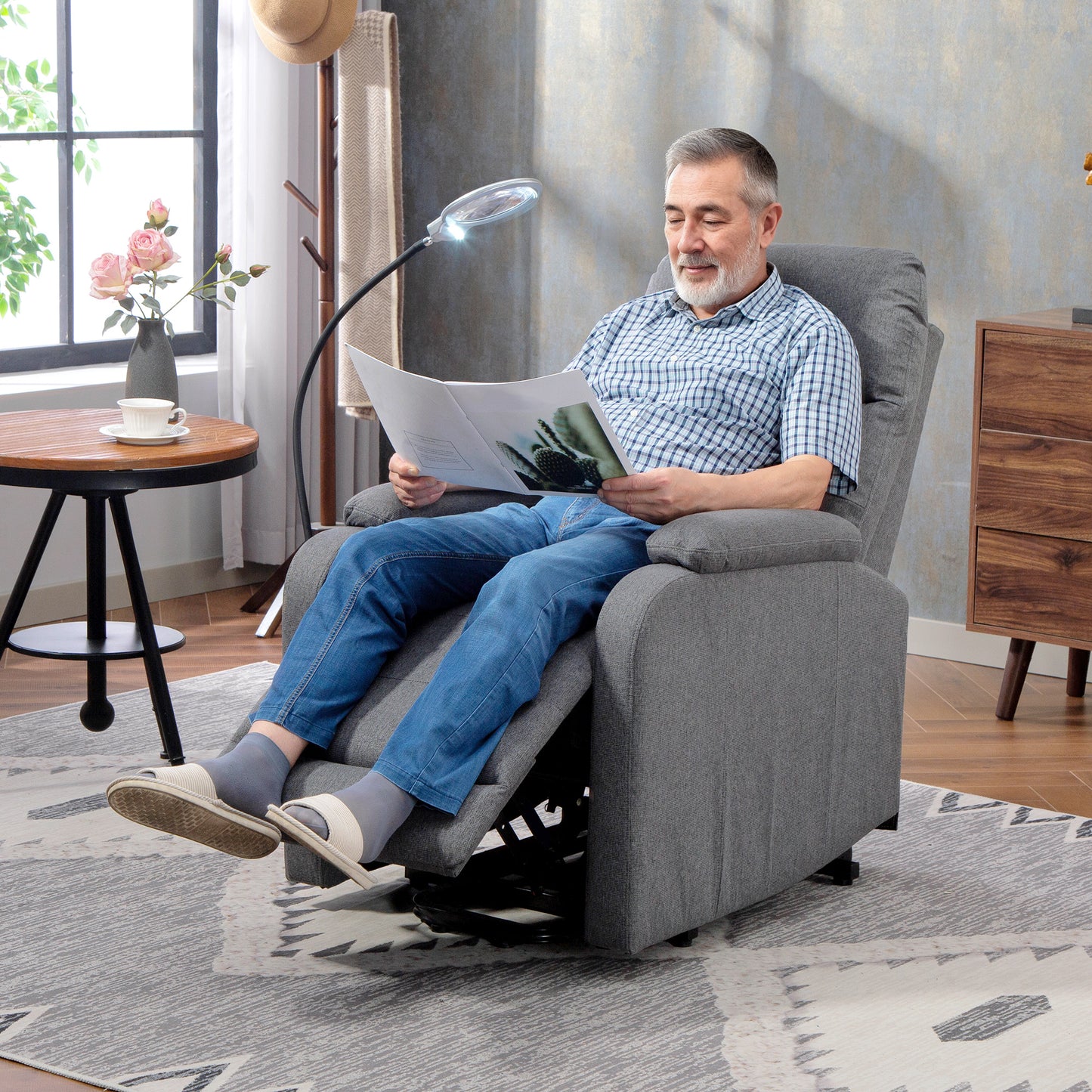 Linen Fabric Electric Recliner Chair with Remote Control, Grey