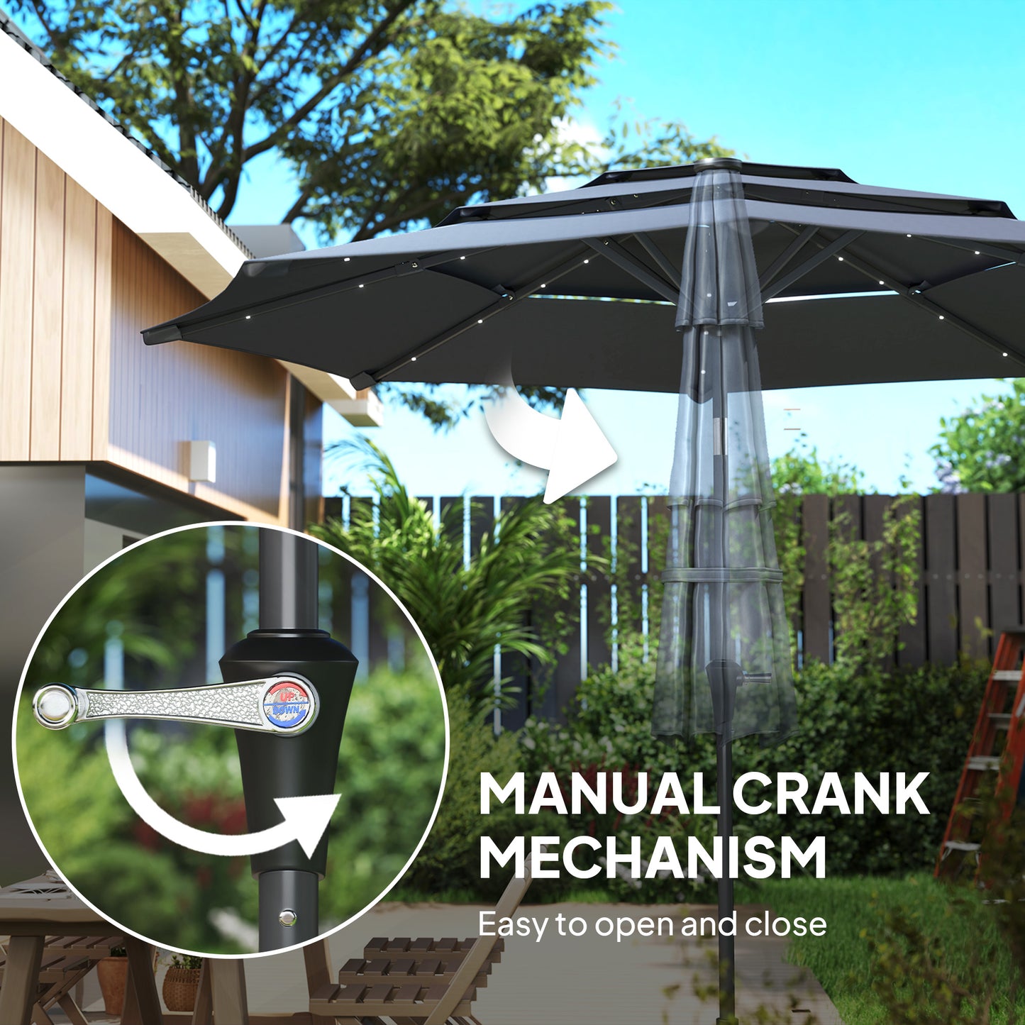 3-Tier Garden Parasol w/ Solar LED Lights, Tilt, Crank Handle, Grey
