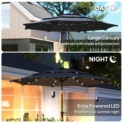 3-Tier Garden Parasol w/ Solar LED Lights, Tilt, Crank Handle, Grey