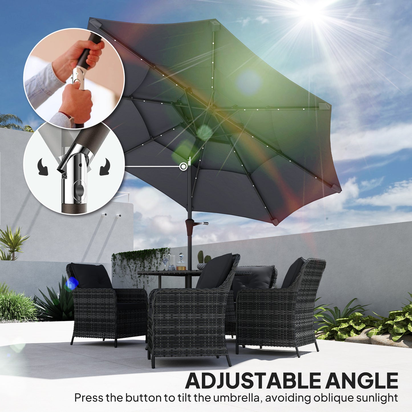 3-Tier Garden Parasol w/ Solar LED Lights, Tilt, Crank Handle, Grey