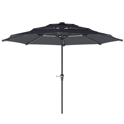 3-Tier Garden Parasol w/ Solar LED Lights, Tilt, Crank Handle, Grey
