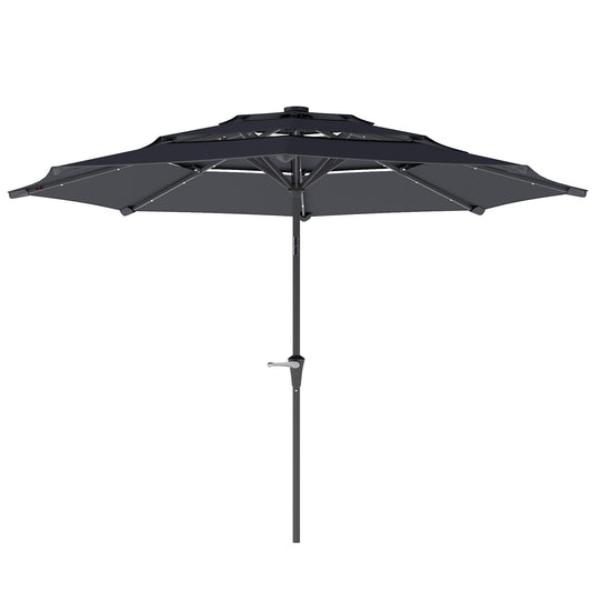 3-Tier Garden Parasol w/ Solar LED Lights, Tilt, Crank Handle, Grey