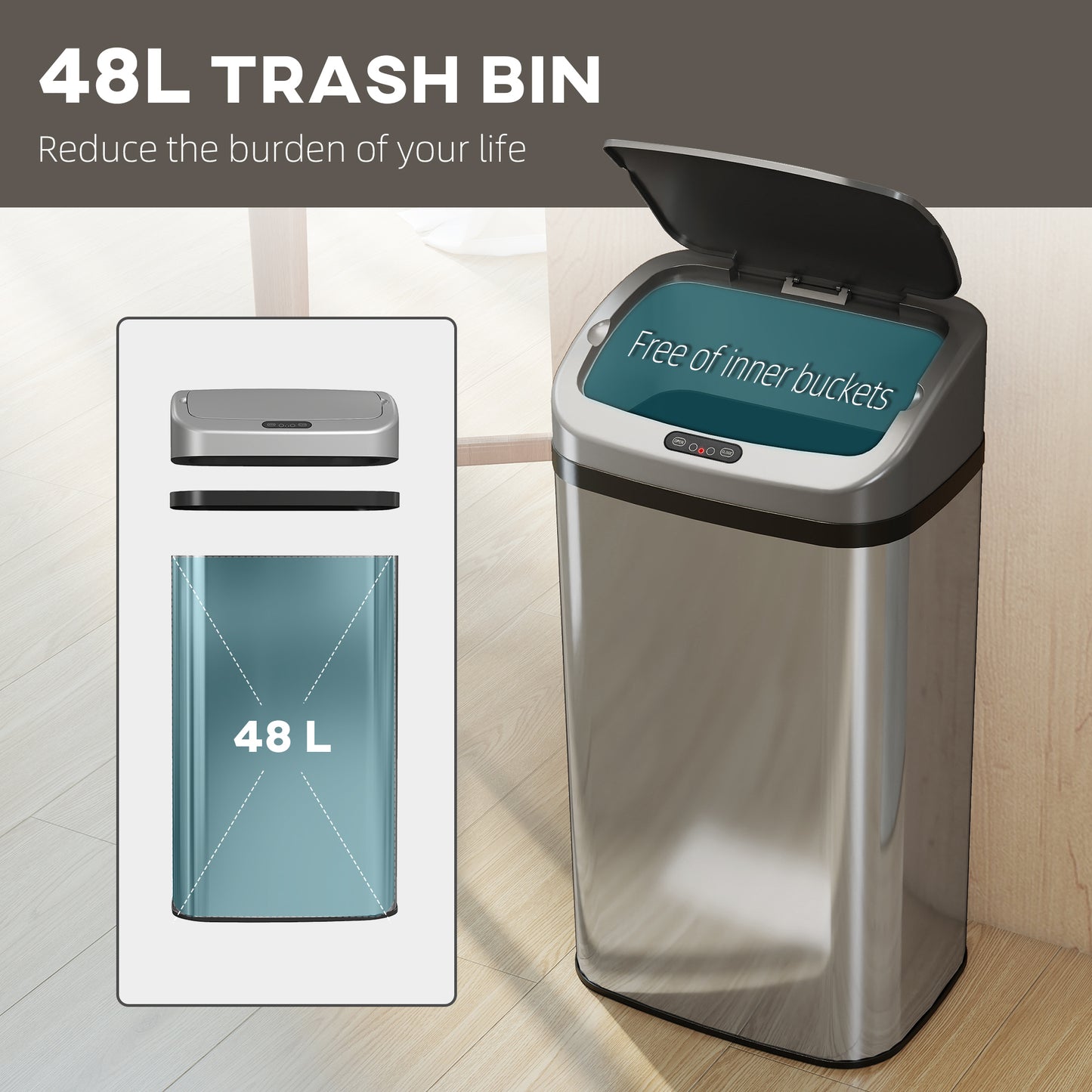 48L Sensor Bin, Stainless Steel Kitchen Bin with Automatic Close