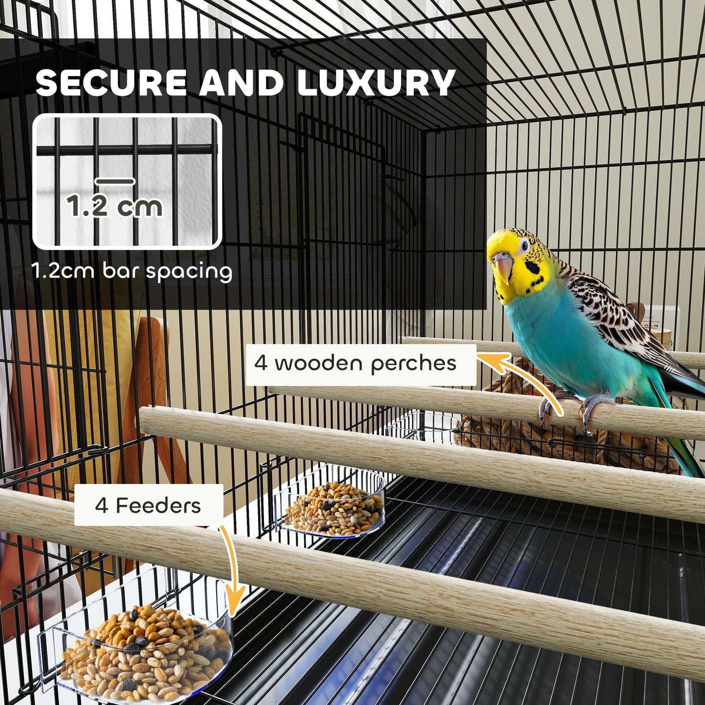 Bird Cage with Divider, 4 Wooden Perches, Slide Out Tray, Black