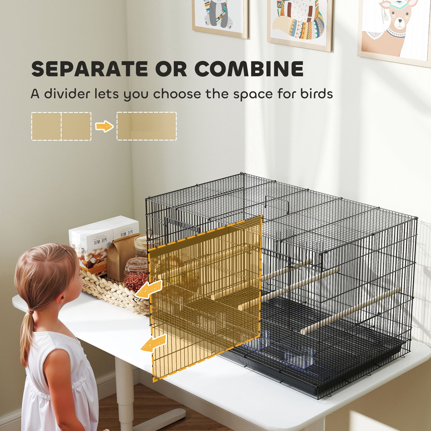 Bird Cage with Divider, 4 Wooden Perches, Slide Out Tray, Black