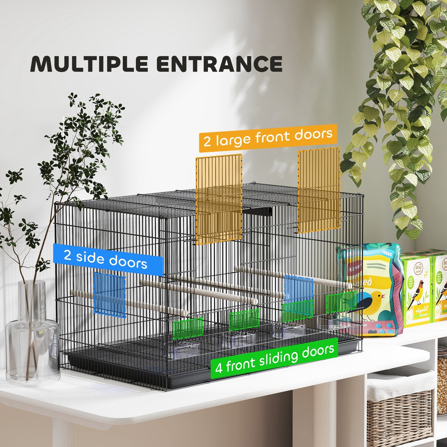 Bird Cage with Divider, 4 Wooden Perches, Slide Out Tray, Black