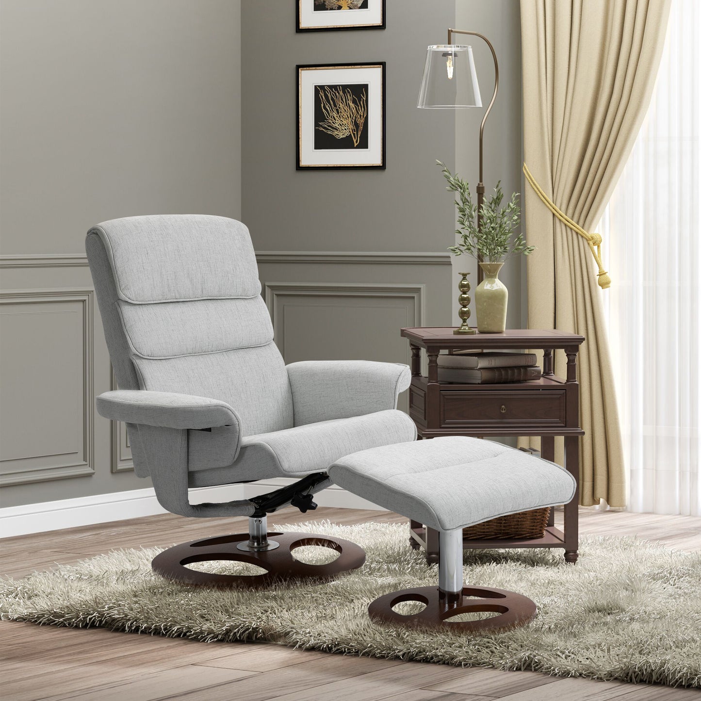 Recliner Chair Ottoman Set 360° Swivel Sofa Wood Base Grey