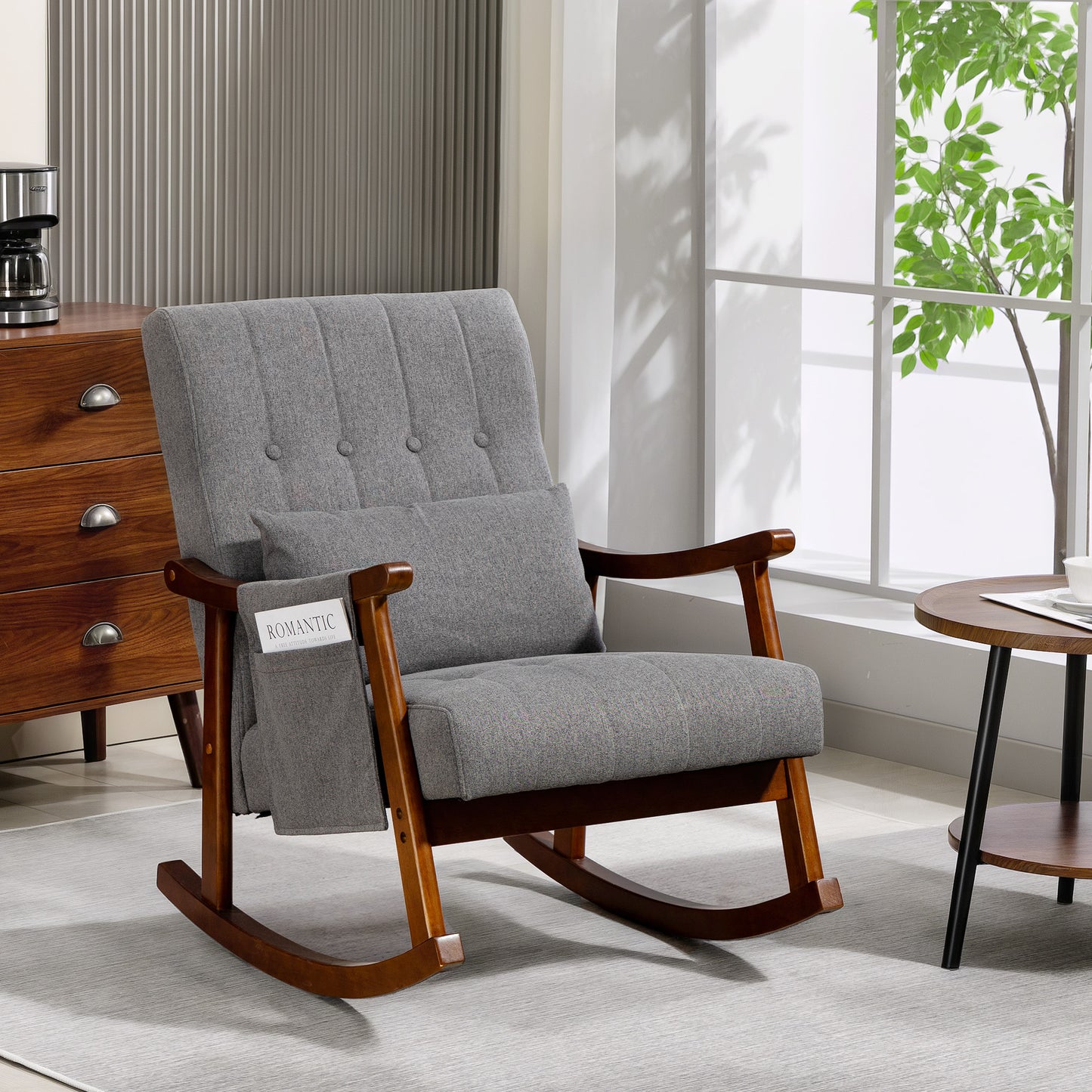 Modern High Back Rocking Chair with Solid Wood Legs, Grey