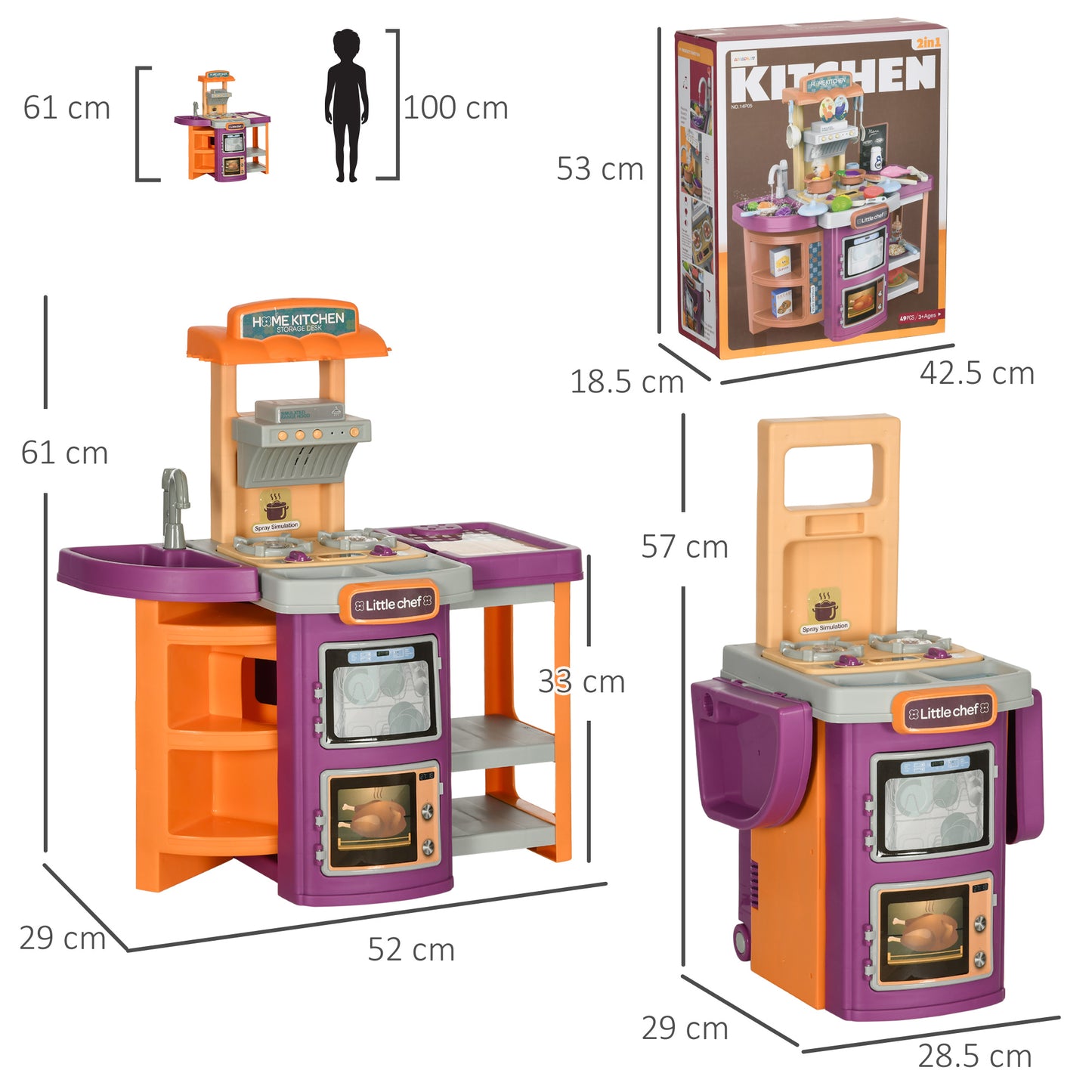 AIYAPLAY Toy Kitchen, 49 Pieces Kids Play Kitchen, Children Trolley, with Sound and Light, Spray Effects, Running Water