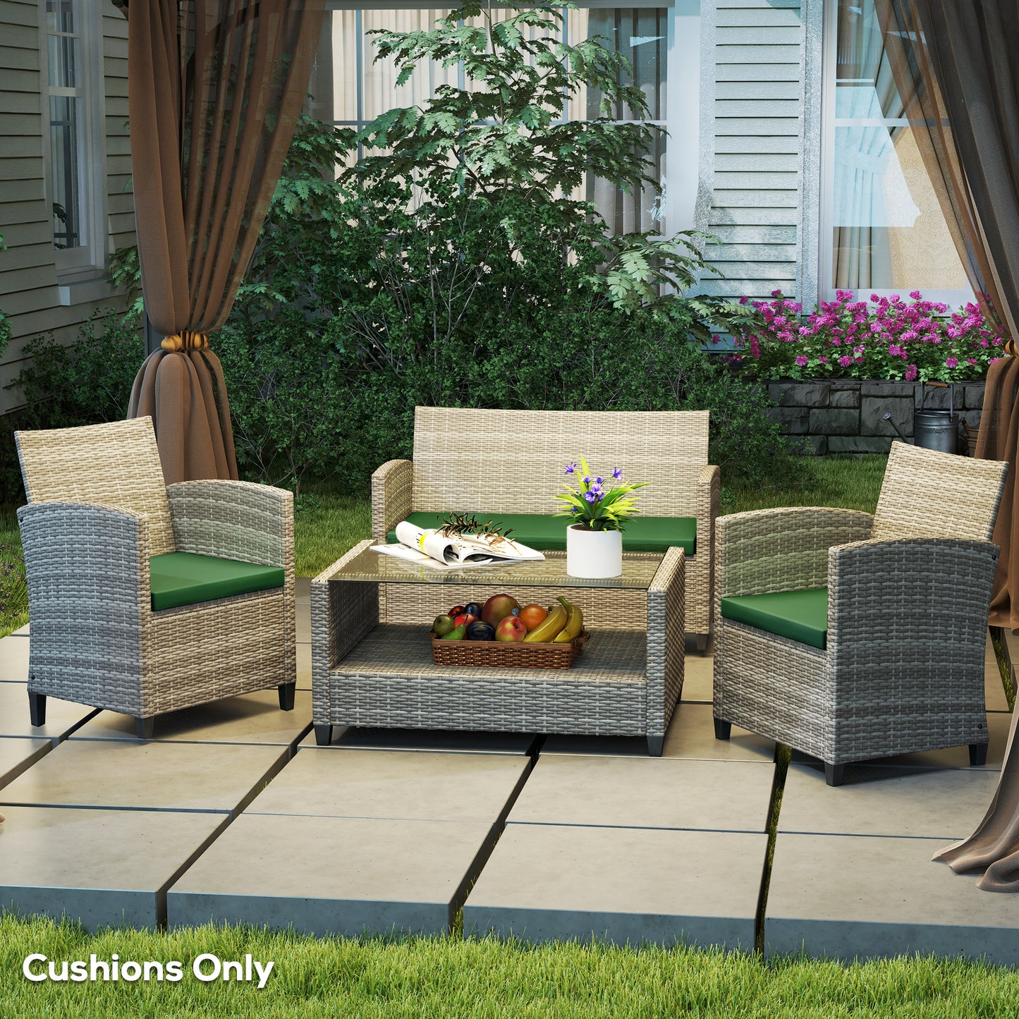 3PCs Rattan Garden Seat Cushions Pads for Patio Furniture Green