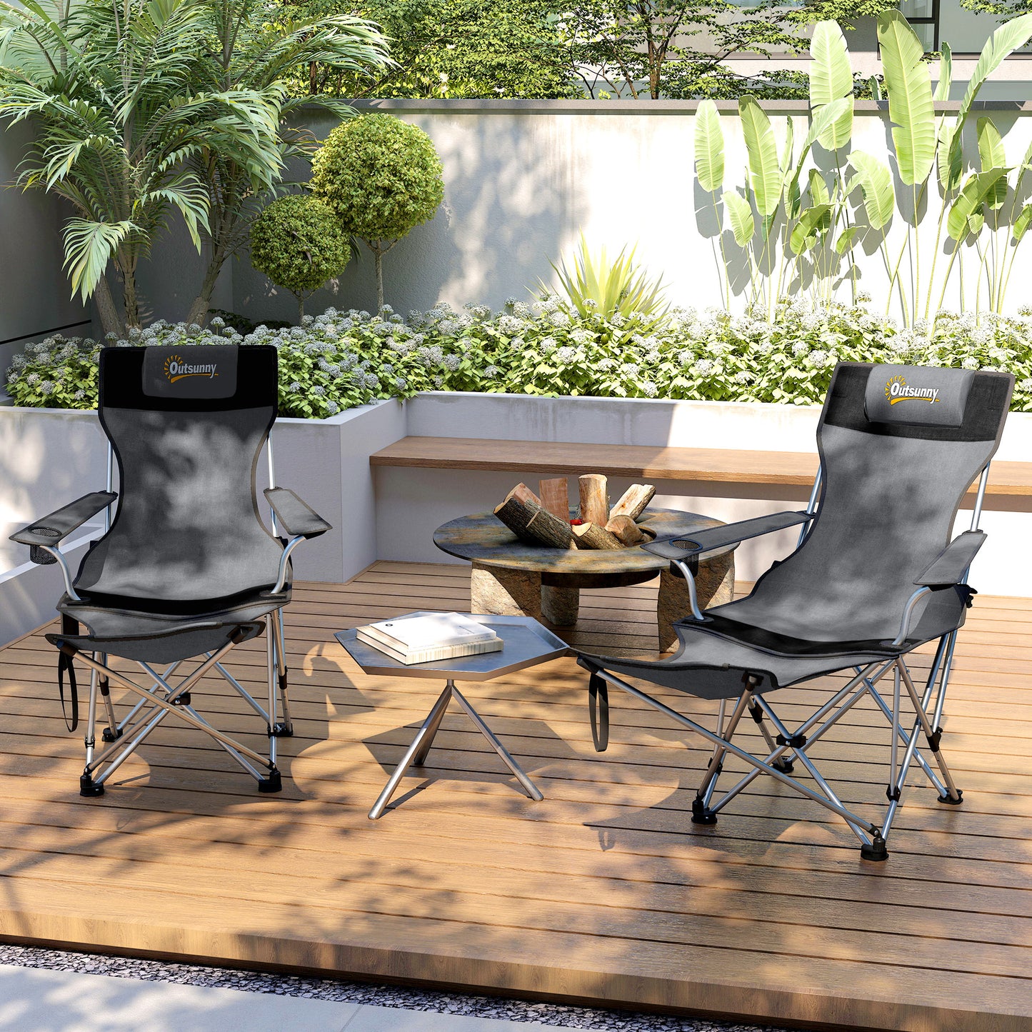 Set of 2 Reclining Camping Chairs, Grey and Black