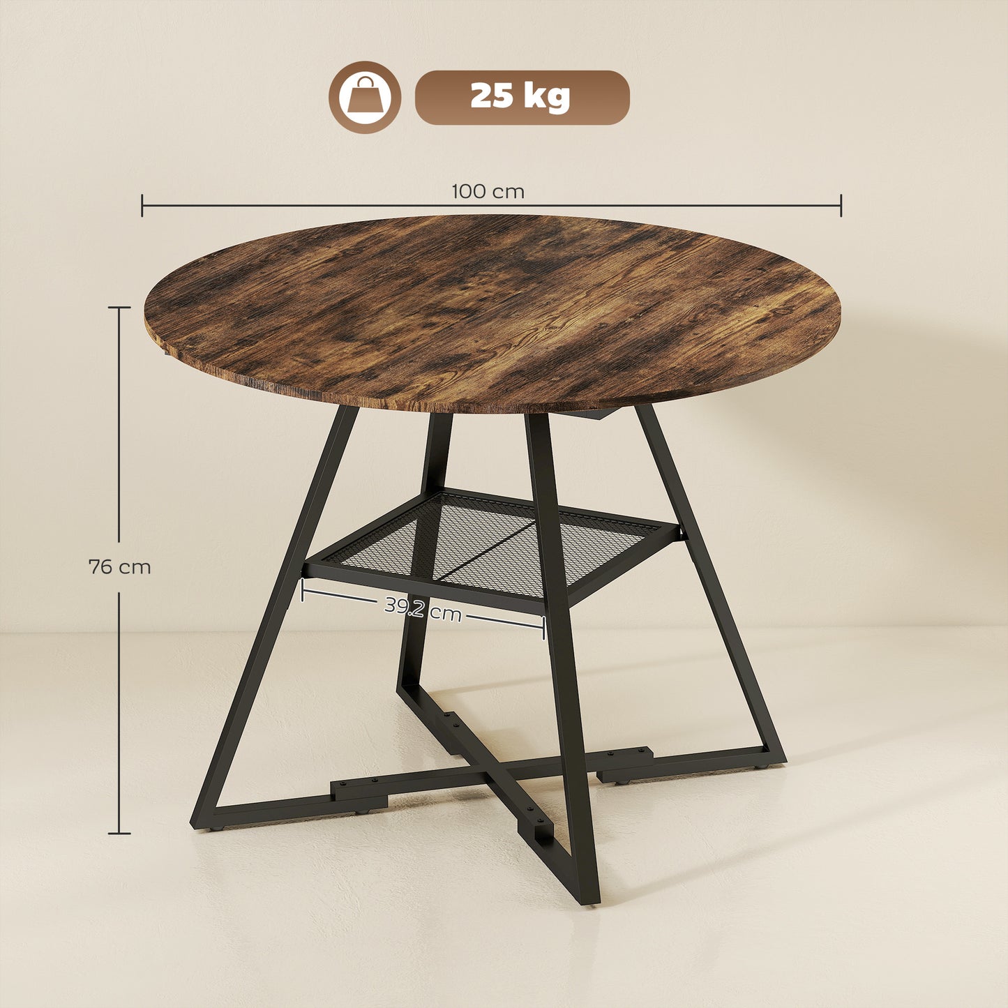 Round Dining Table for 4, 100 cm Kitchen Table w/ Shelf, Rustic Brown