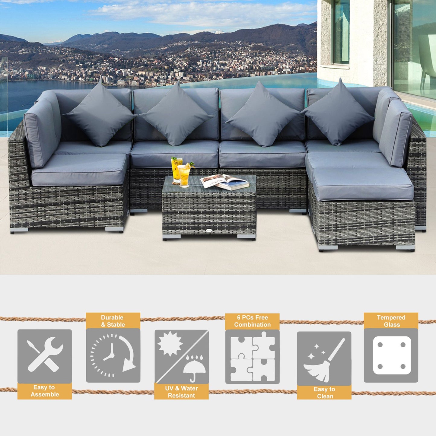 8 Pieces PE Rattan Corner Sofa Set with Thick Cushions, Aluminium Outdoor Rattan Garden Furniture Set with Glass Top Table, No Assembly Required, Grey