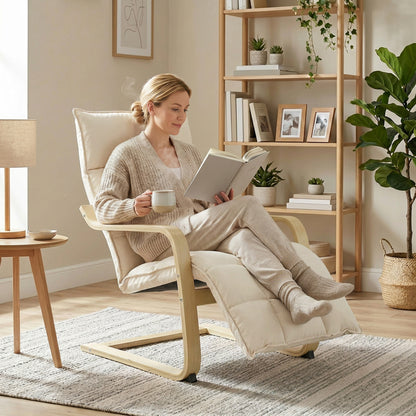 Accent Chair, Linen-Look Fabric Armchair with Footrest, Plush Cushion, High Back, Wide Seat, Curved Legs and Arms, Gentle Motion, Leisure Lounge Chair for Living Room, Bedroom, Cream White