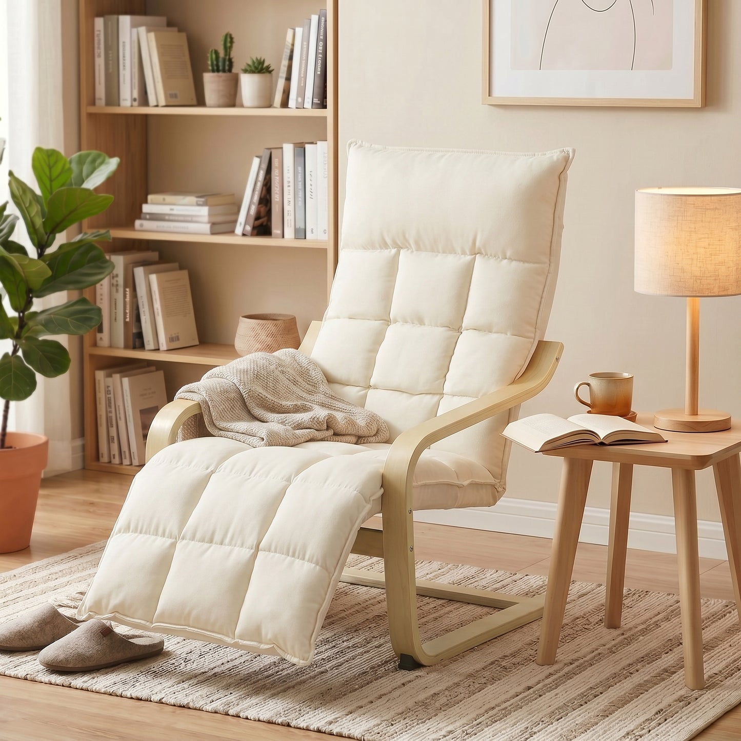 Accent Chair, Linen-Look Fabric Armchair with Footrest, Plush Cushion, High Back, Wide Seat, Curved Legs and Arms, Gentle Motion, Leisure Lounge Chair for Living Room, Bedroom, Cream White