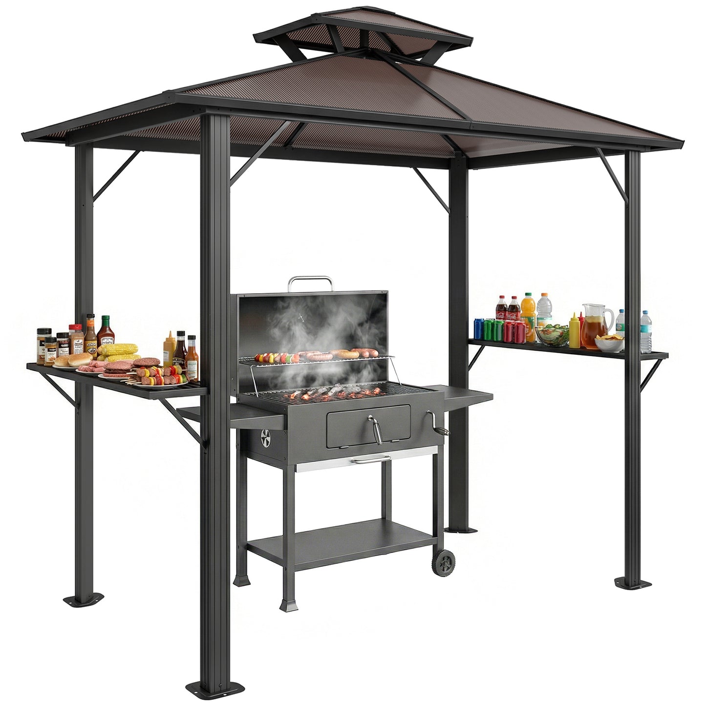 2.5 x 1.5 m Hardtop BBQ Grill Gazebo with Double Roof, Brown