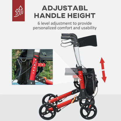 Folding Rollator Walker Frame with Seat and Backrest, Lightweight Frame with Storage bag & dual brakes - Red
