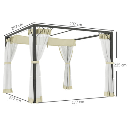3 x 3 m Pergola with Retractable Roof and Netting, Khaki