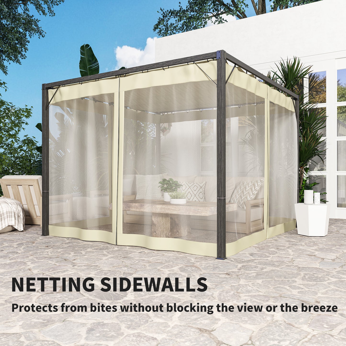 3 x 3 m Pergola with Retractable Roof and Netting, Khaki