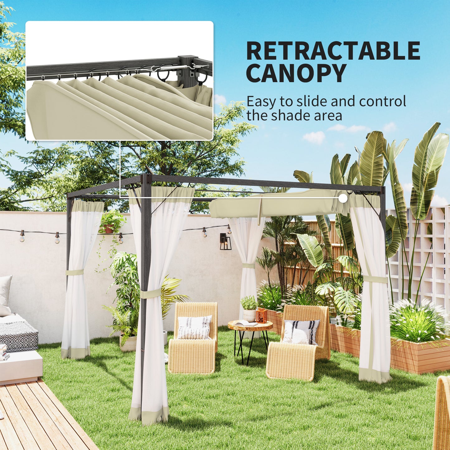 3 x 3 m Pergola with Retractable Roof and Netting, Khaki