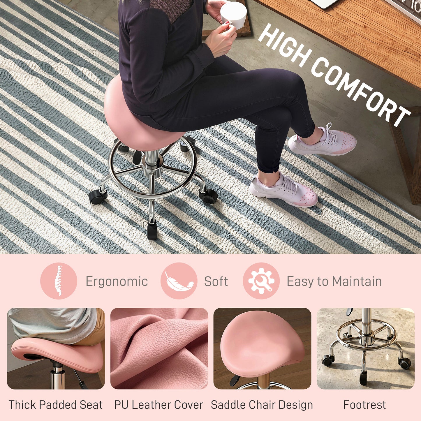 Saddle Chair, Rolling Salon Stool for Massage Spa, Pink