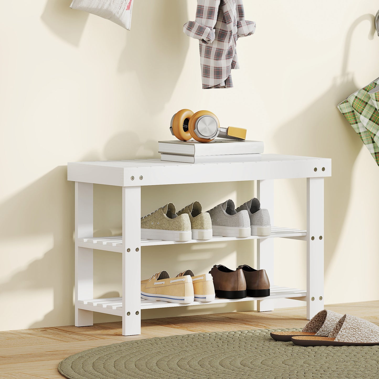 3-Tier Bamboo Shoe Bench with 2 Shelves for Entryway, White