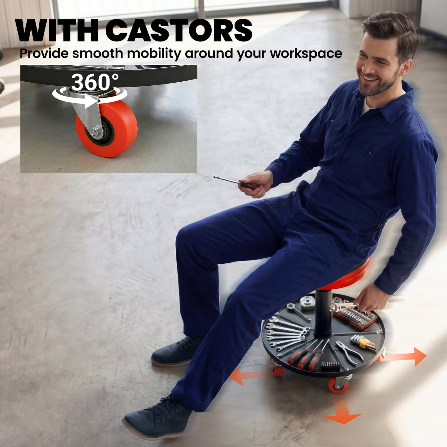 Pneumatic Adjustable Mechanic Stool w/ Tool Tray, Wheels