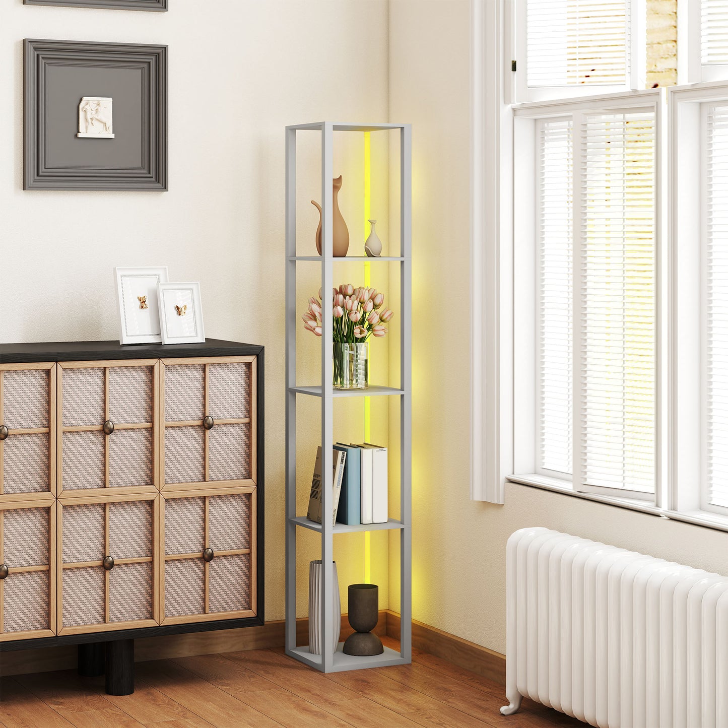 RGB LED Floor Lamp with Shelves and Remote Control for Bedroom, Grey