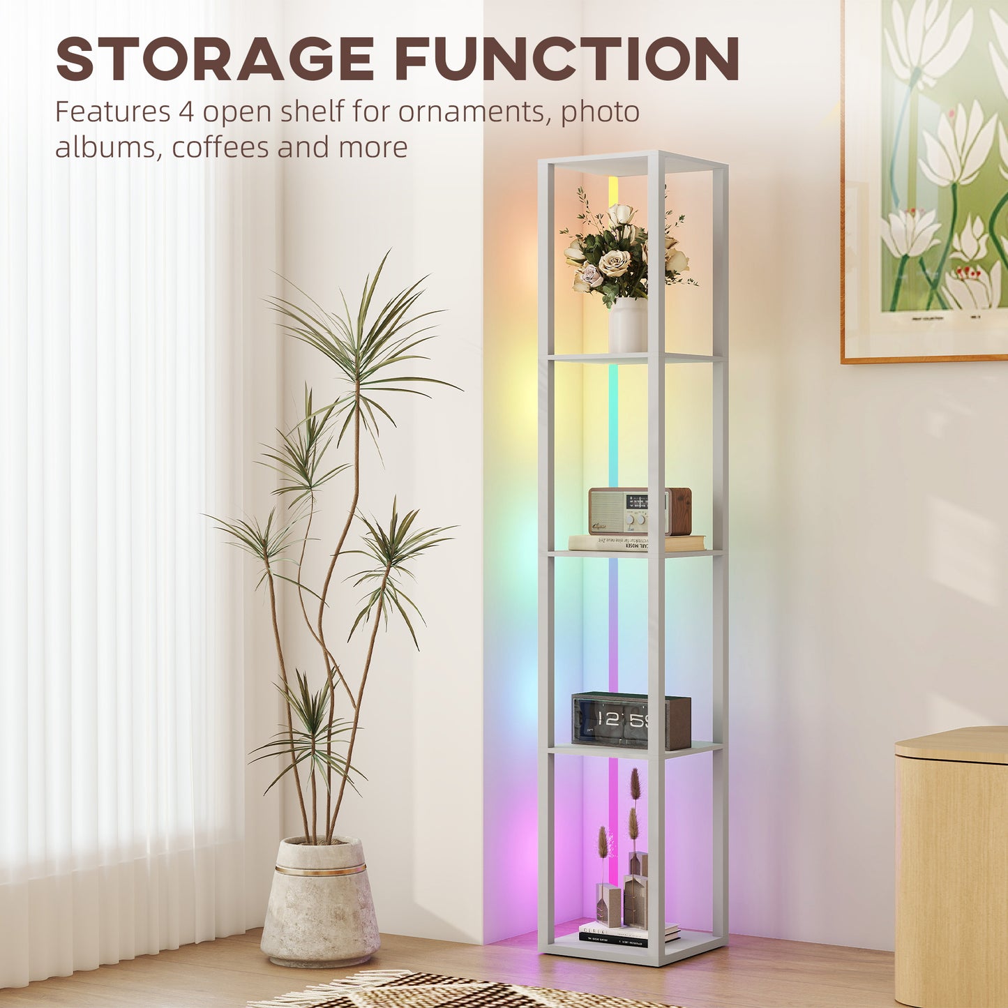 RGB LED Floor Lamp with Shelves and Remote Control for Bedroom, Grey