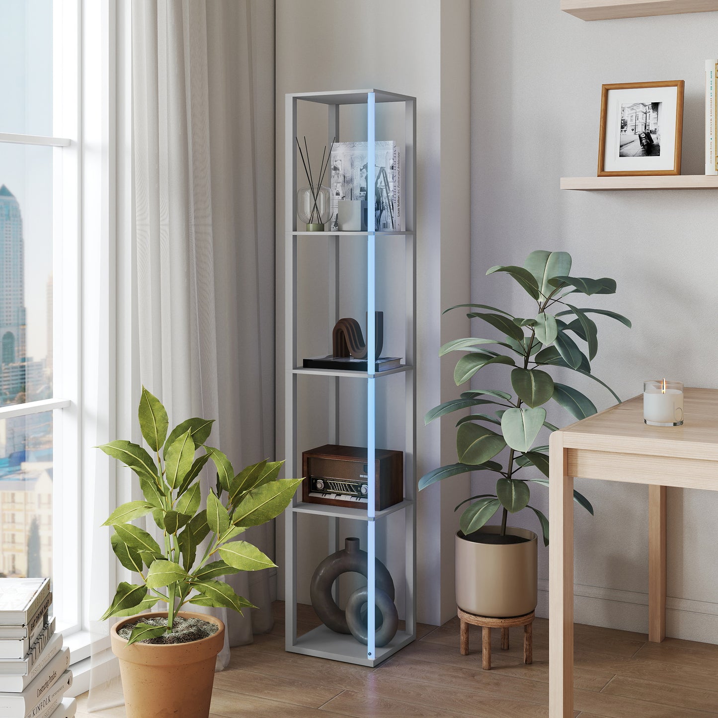 RGB LED Floor Lamp with Shelves and Remote Control for Bedroom, Grey