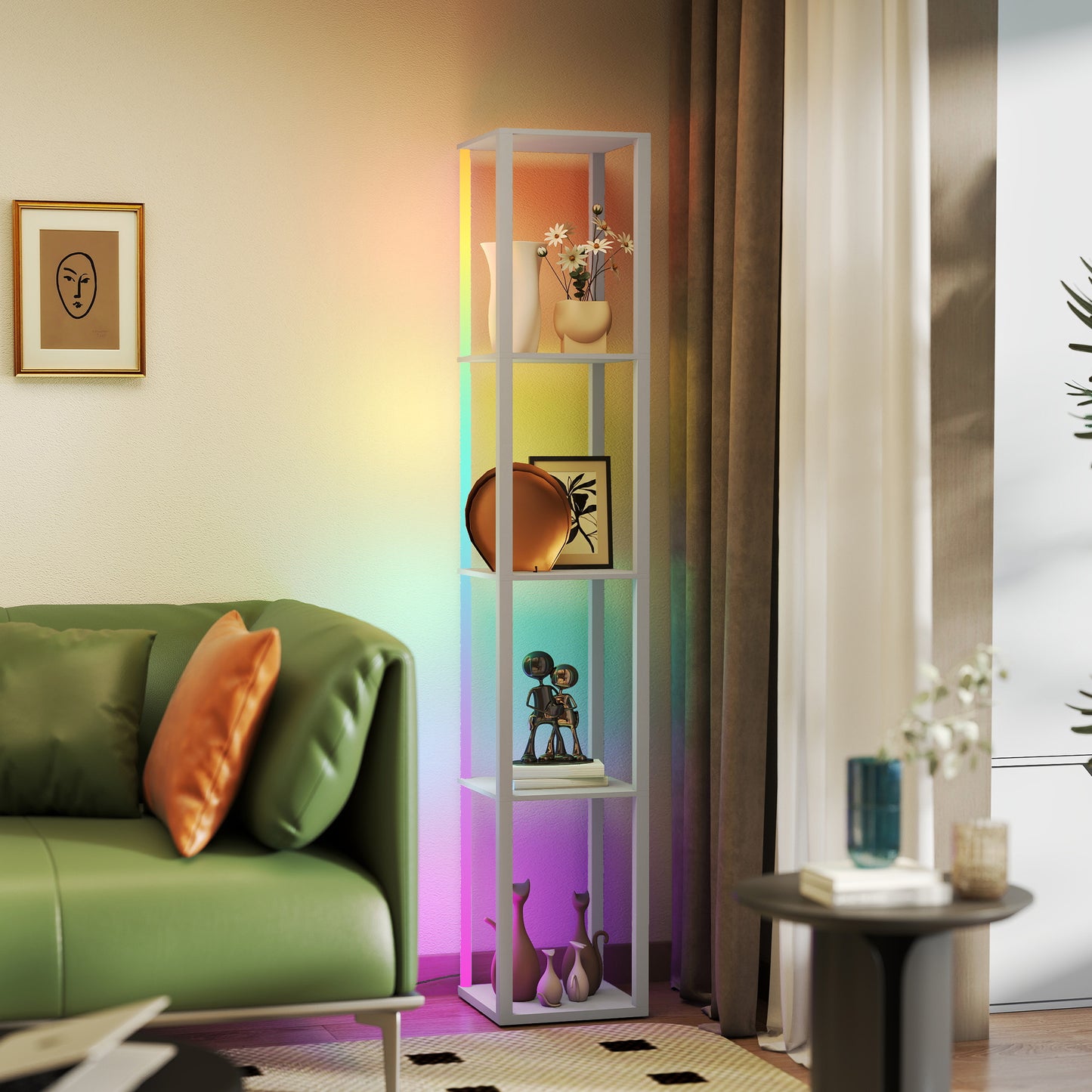 RGB LED Floor Lamp with Shelves and Remote Control for Bedroom, Grey