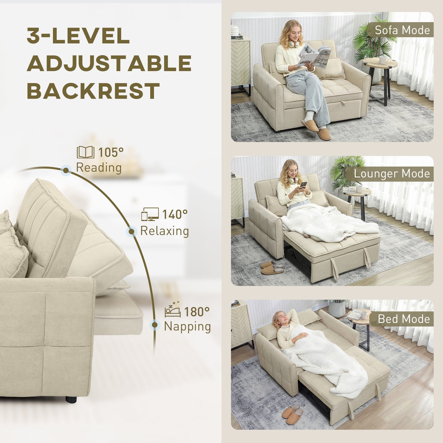 2 Seater Sofa Bed, 3-in-1 Sleeper Sofa with Adjustable Backrest