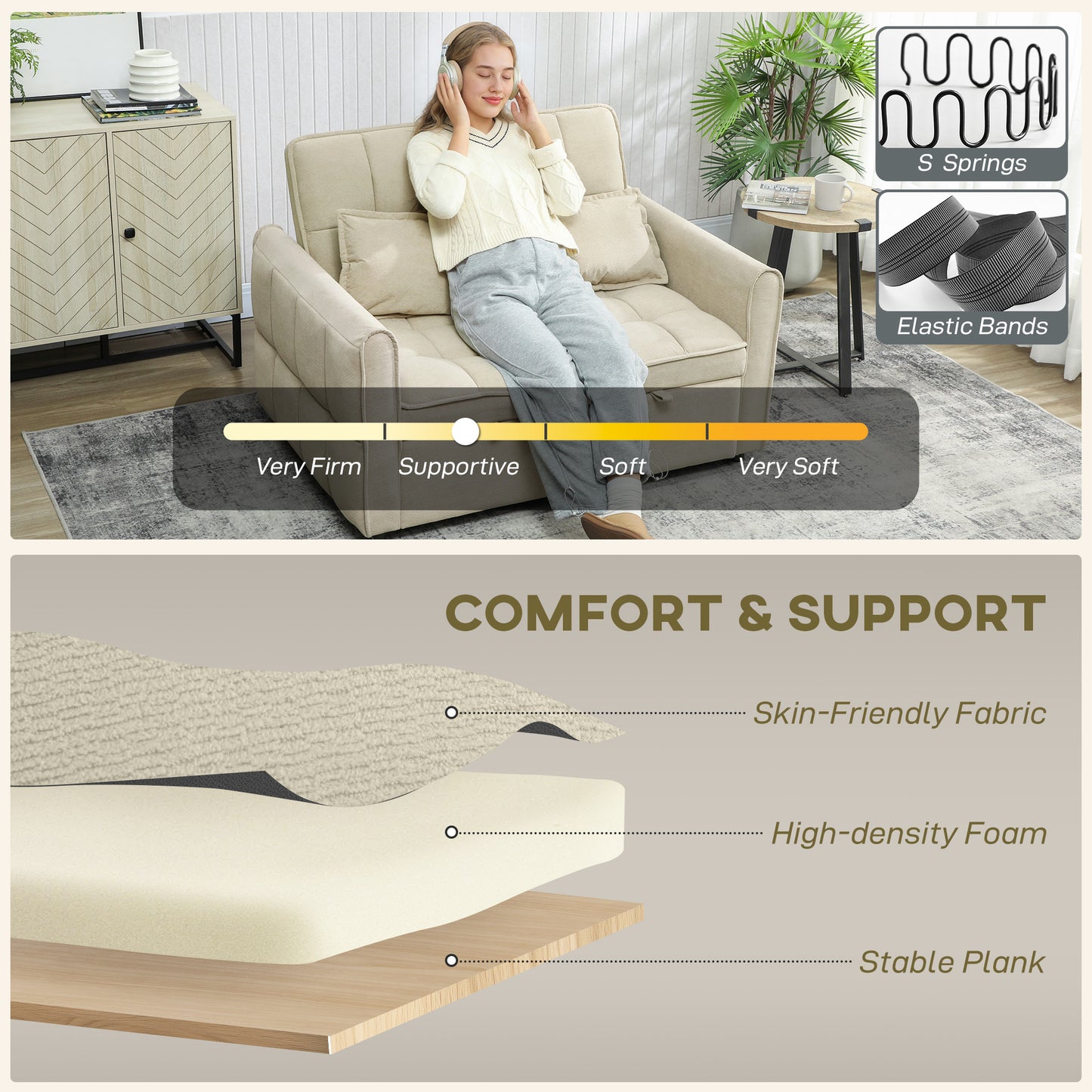 2 Seater Sofa Bed, 3-in-1 Sleeper Sofa with Adjustable Backrest