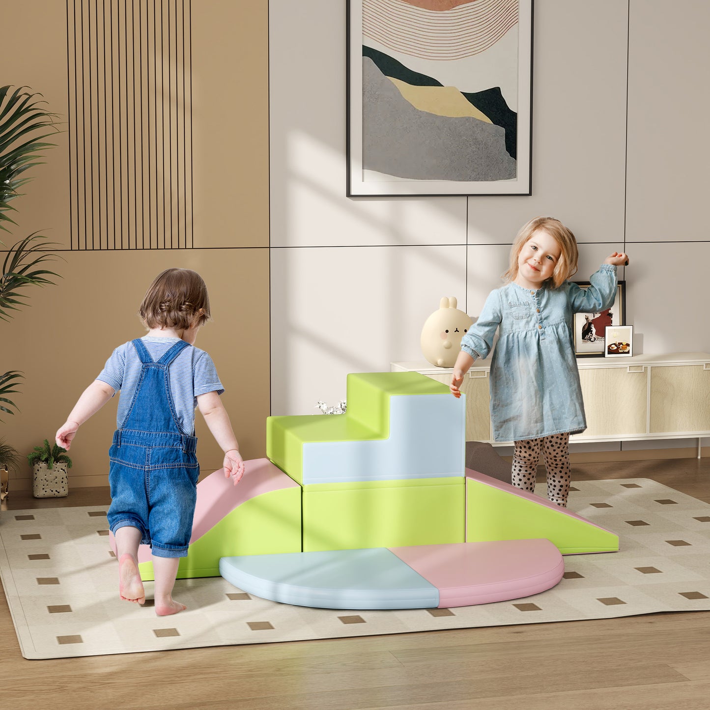 6 Piece Soft Play Equipment for Kids Climb and Crawl, Pink