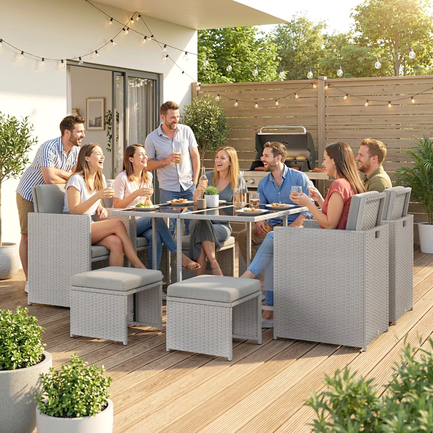 8 Seater Cube Rattan Garden Dining Set with Cushions, Light Grey