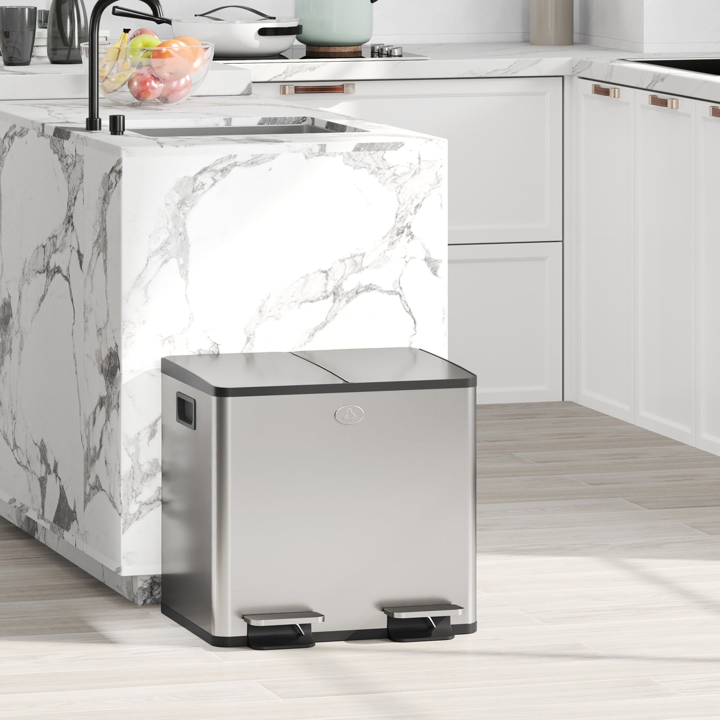 2x15L Dual Kitchen Bin Pedal Bin for Recycling and Waste, Silver Tone