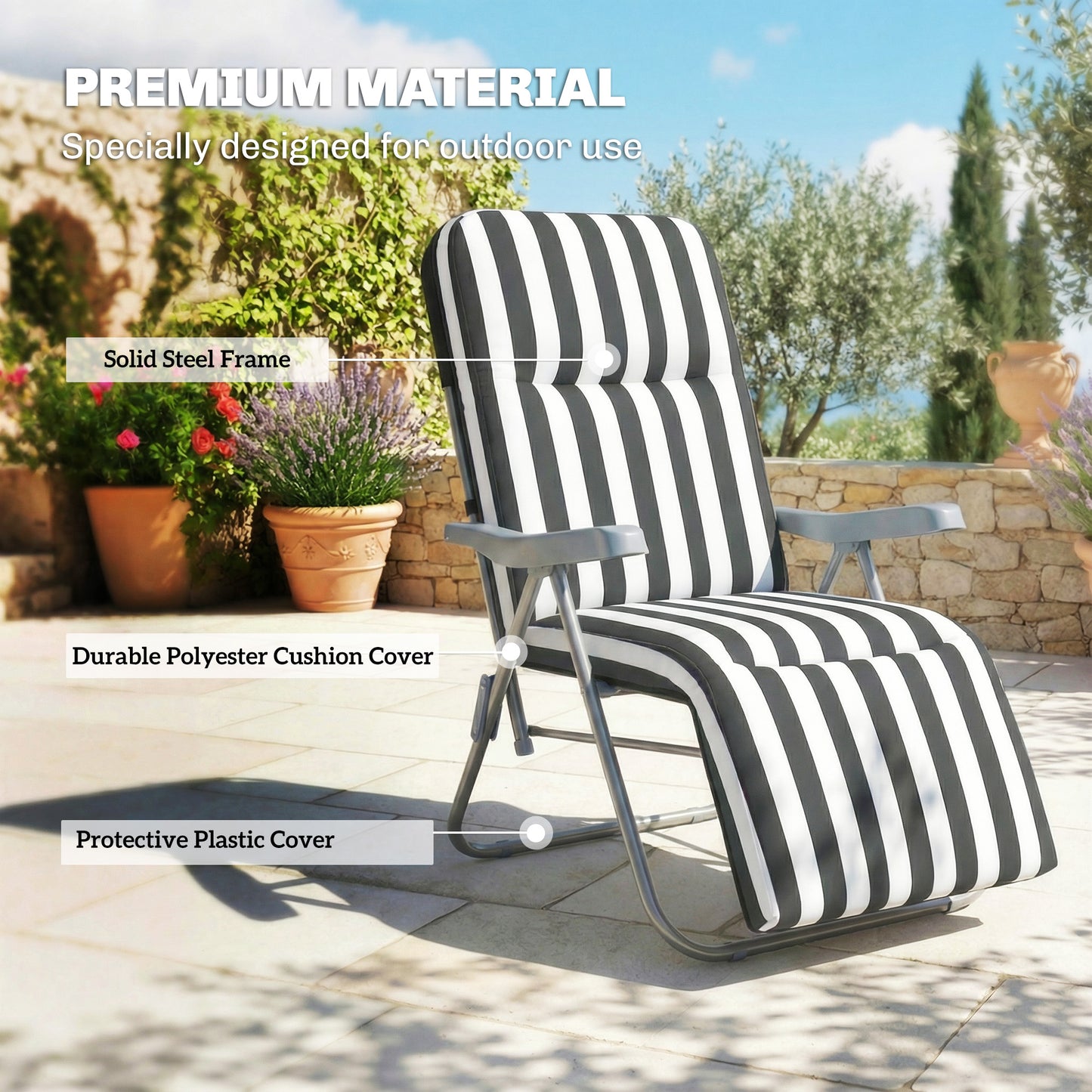 Set of 2 Adjustable Sun Lounger Recliner Reclining Seat Grey Stripe