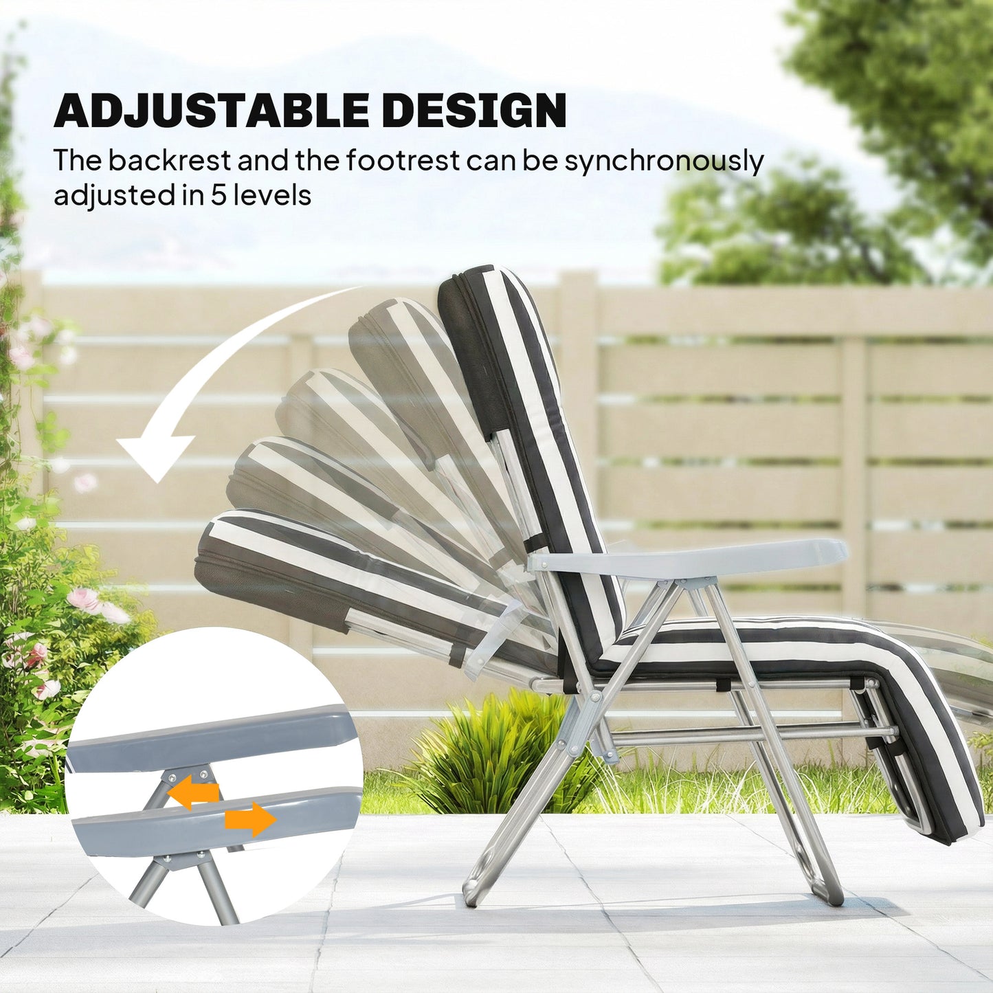Set of 2 Adjustable Sun Lounger Recliner Reclining Seat Grey Stripe