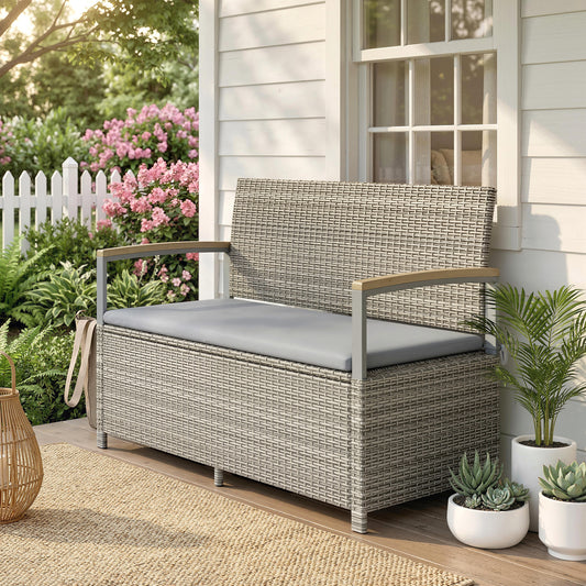 170 L Garden Storage Bench with Zipped Liner, 2 Seater PE Rattan Garden Bench with Storage, Gas Strut, Acacia Wood Top Armrests, Cushion, Patio Outdoor Benches Chest Container, Light Grey