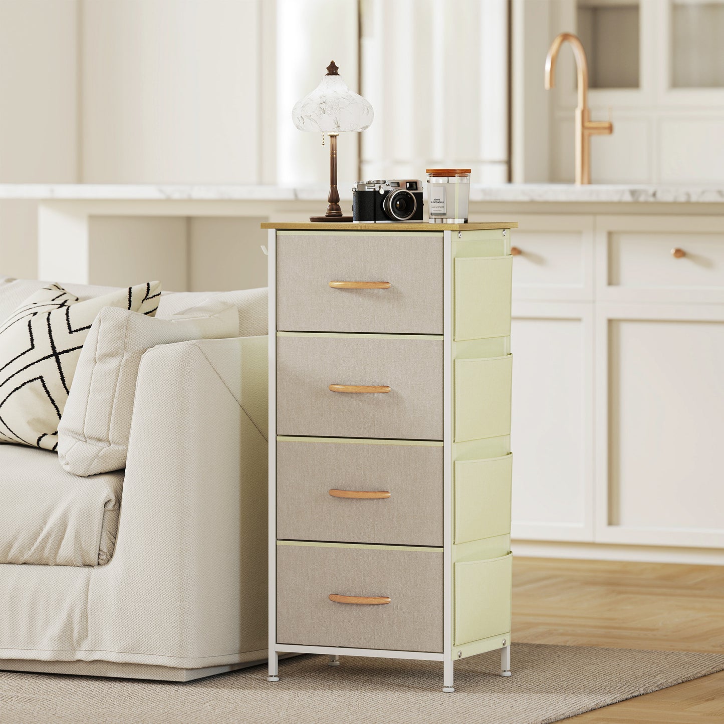 Fabric Chest of Drawers, 4 Drawer Dresser for Bedroom, Beige