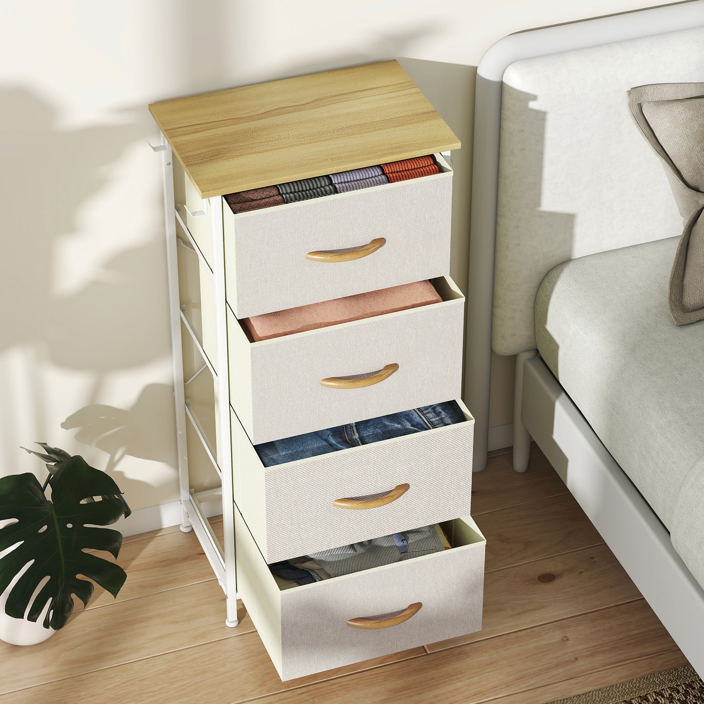 Fabric Chest of Drawers, 4 Drawer Dresser for Bedroom, Beige