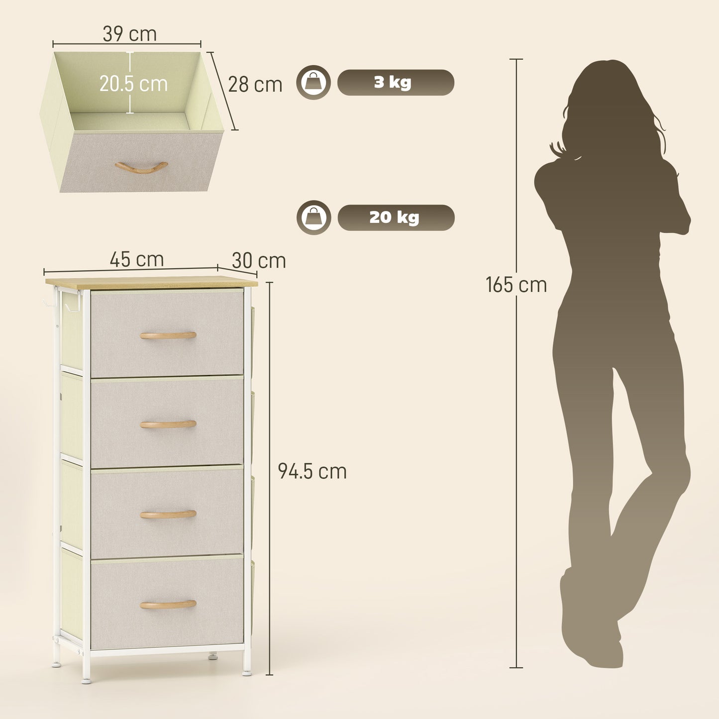 Fabric Chest of Drawers, 4 Drawer Dresser for Bedroom, Beige