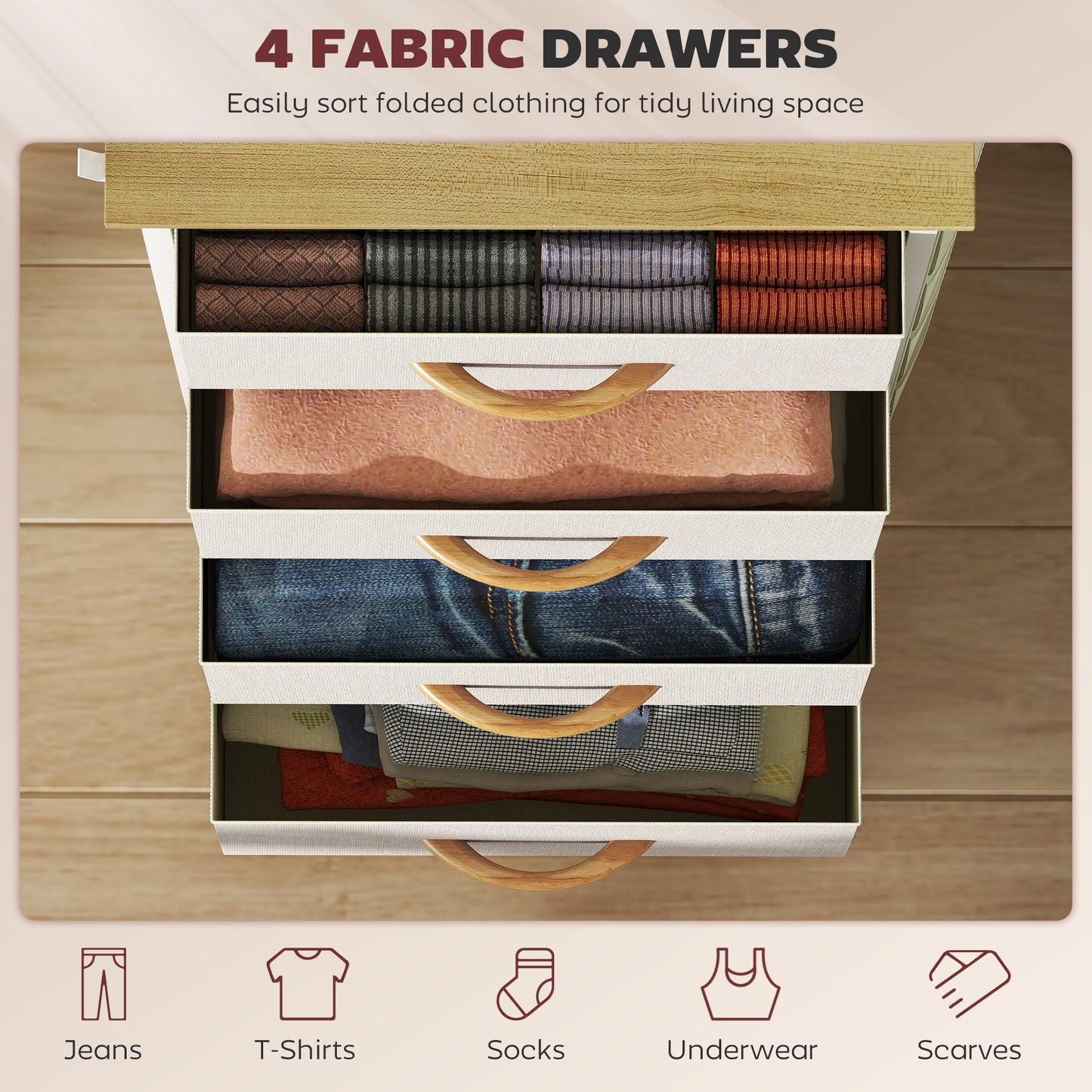 Fabric Chest of Drawers, 4 Drawer Dresser for Bedroom, Beige