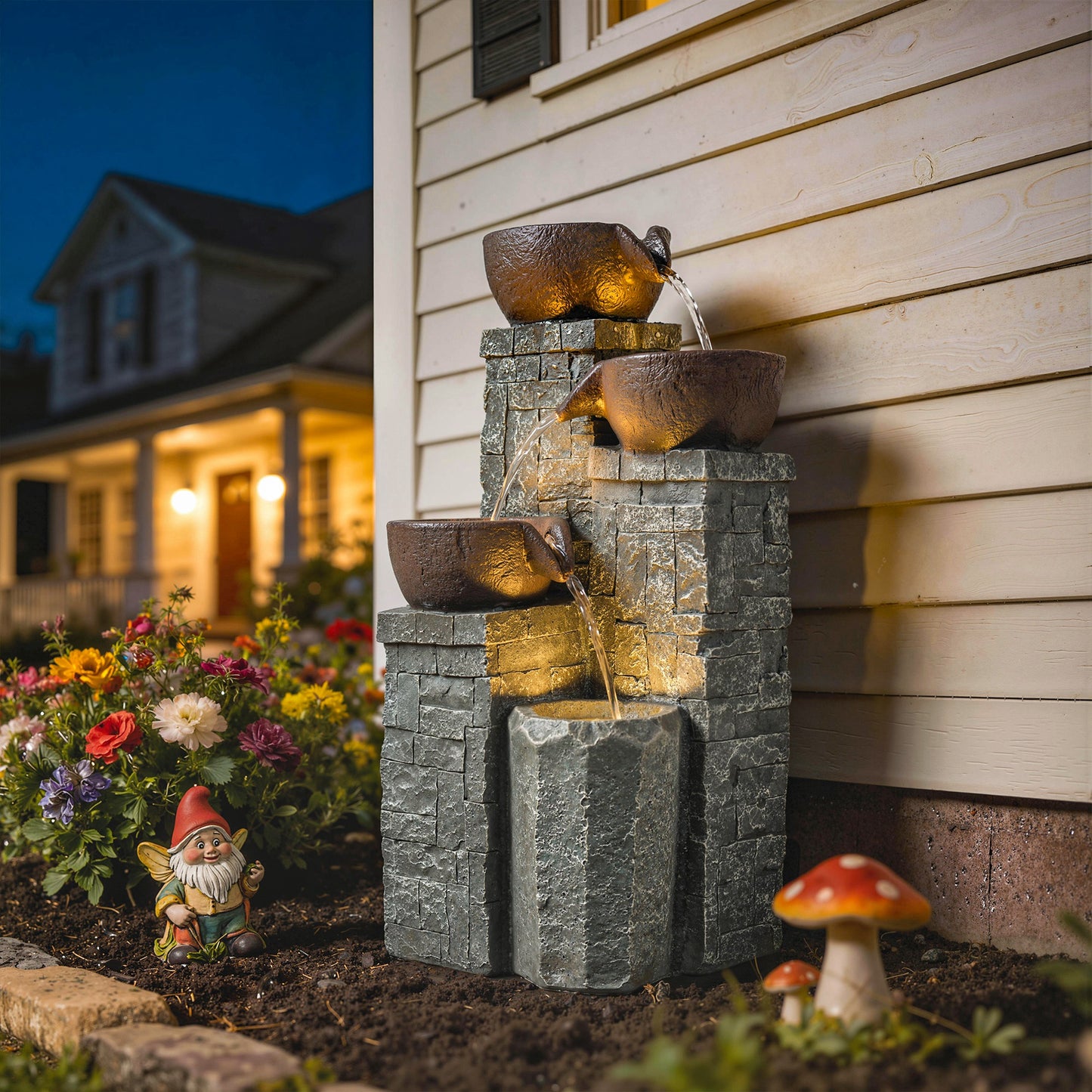 4-Tier Outdoor Fountain with LED Lights, Grey and Rustic Brown