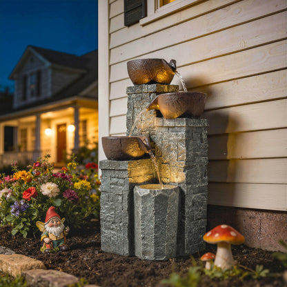 4-Tier Outdoor Fountain with LED Lights, Grey and Rustic Brown