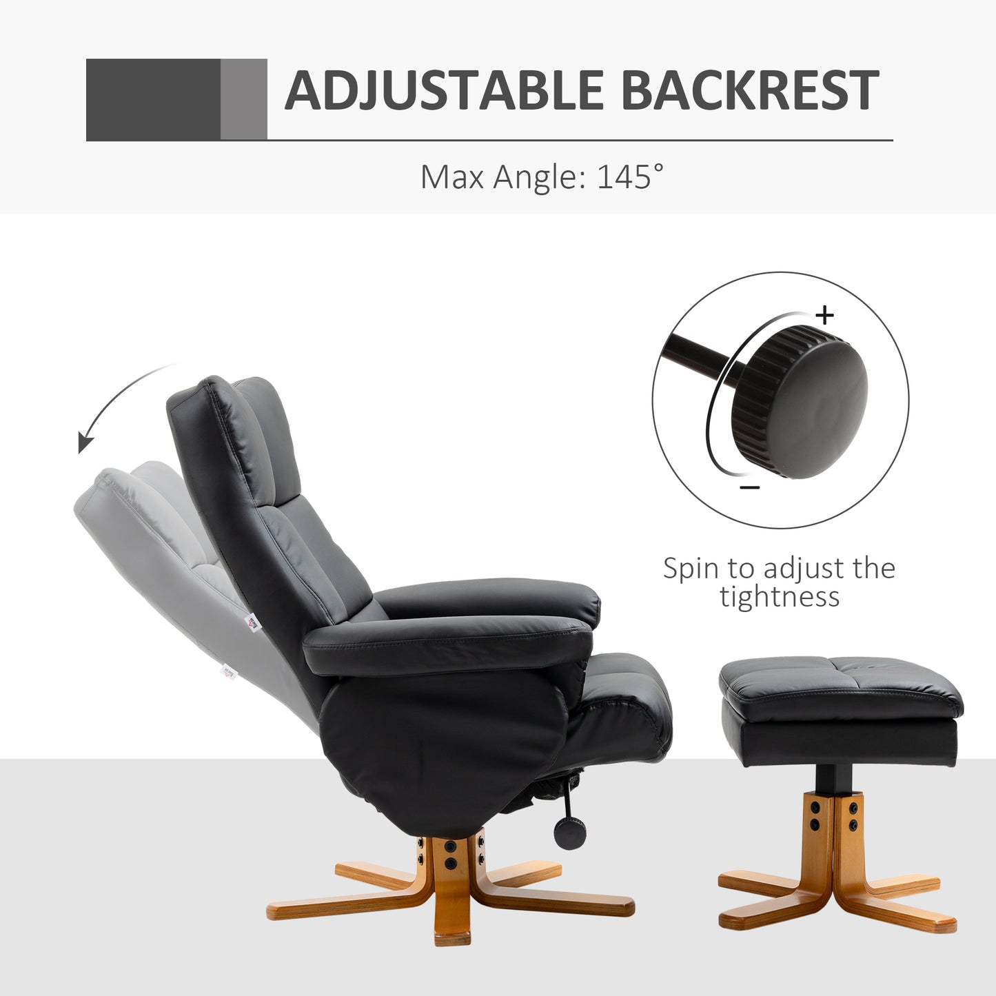 Recliner Chair and Footstool PU Leather Wooden Base Black