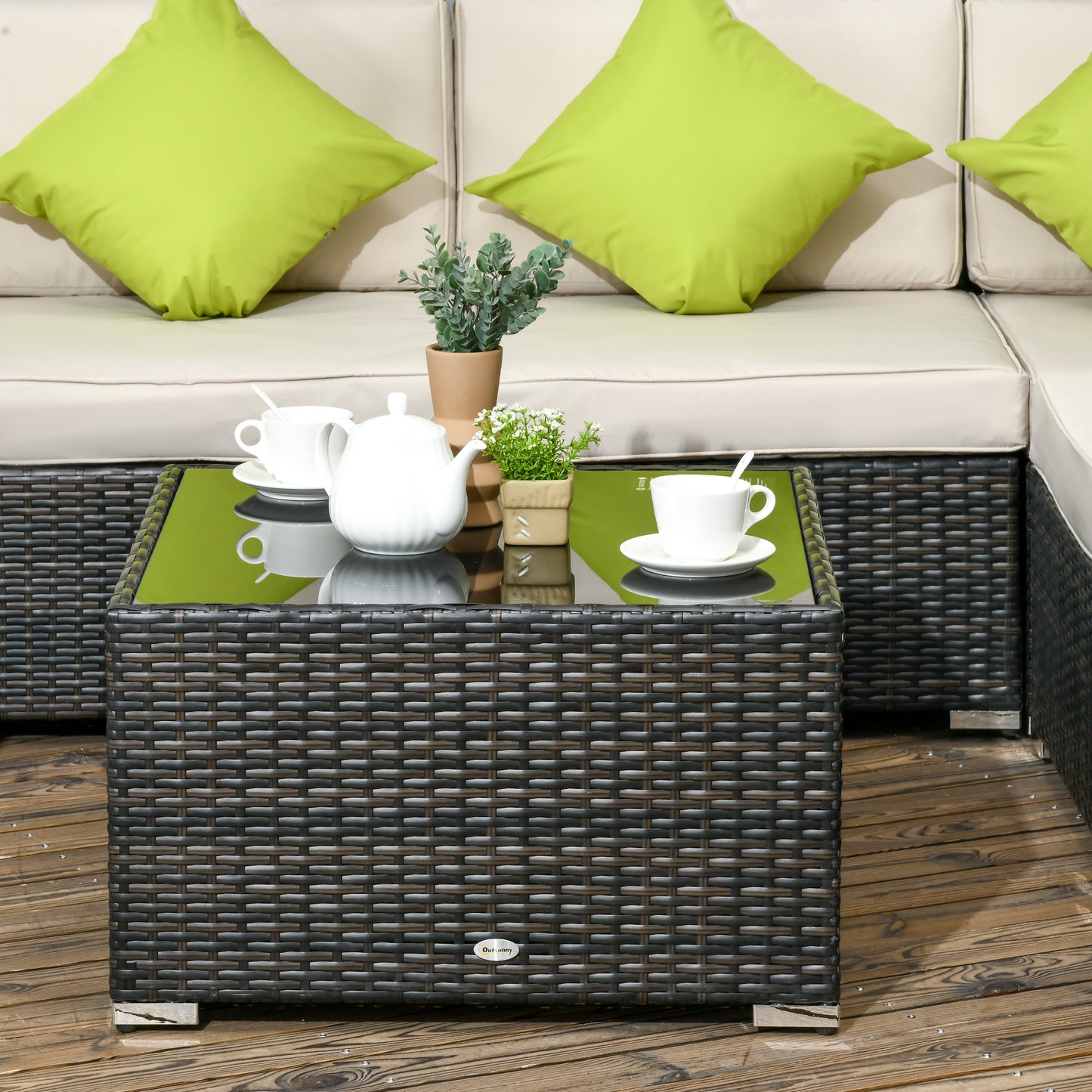 7-Seater PE Rattan Sofa Set Garden Wicker Furniture Set w/ Corner Sofa Set, Cushion, Cushion Cover and Tempered Glass Table, Brown