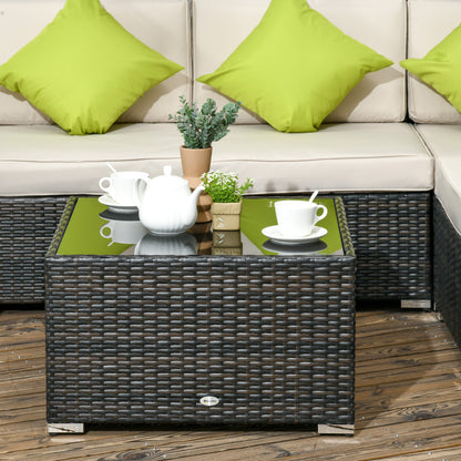 7-Seater PE Rattan Sofa Set Garden Wicker Furniture Set w/ Corner Sofa Set, Cushion, Cushion Cover and Tempered Glass Table, Brown